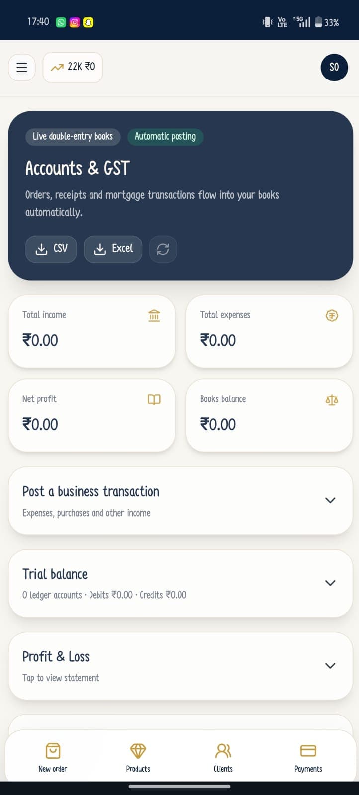 Gold CRM double-entry accounts and GST screen