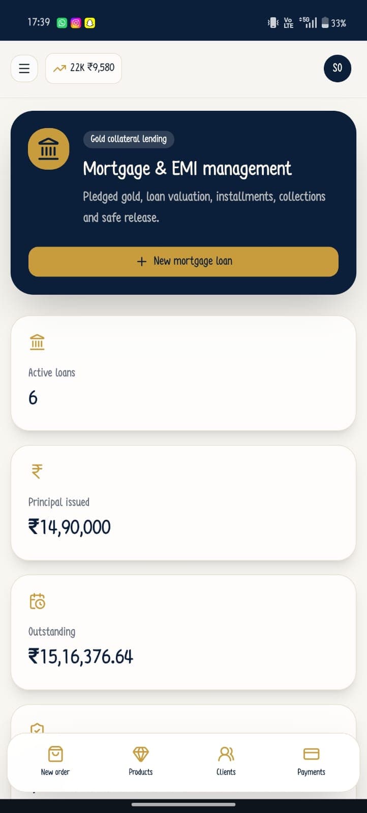 Gold CRM mortgage and EMI management dashboard