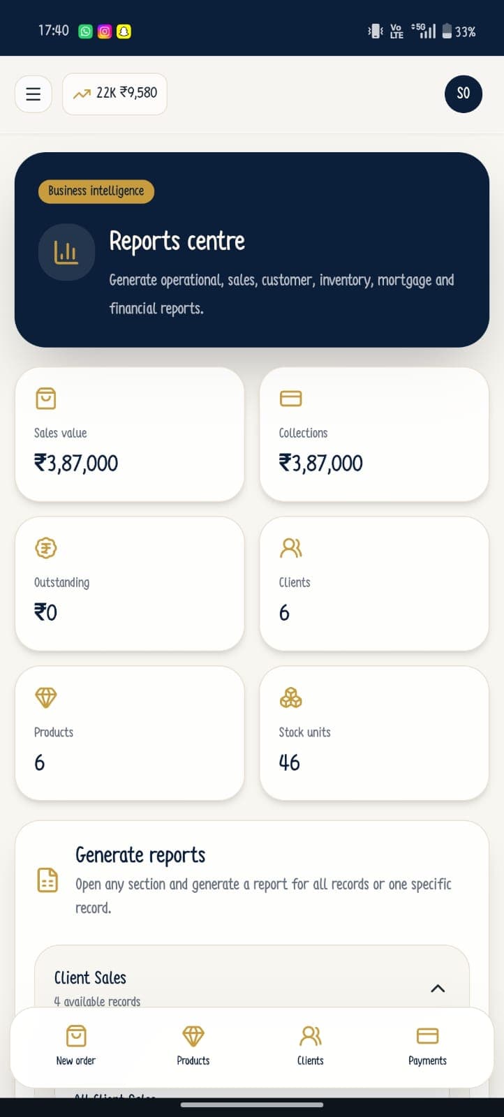 Reports centre in the mobile-first Gold CRM application