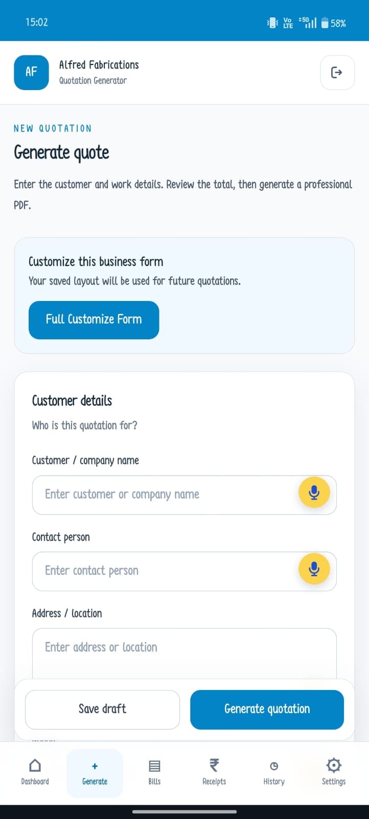Custom quotation form in the mobile Quotation Generator