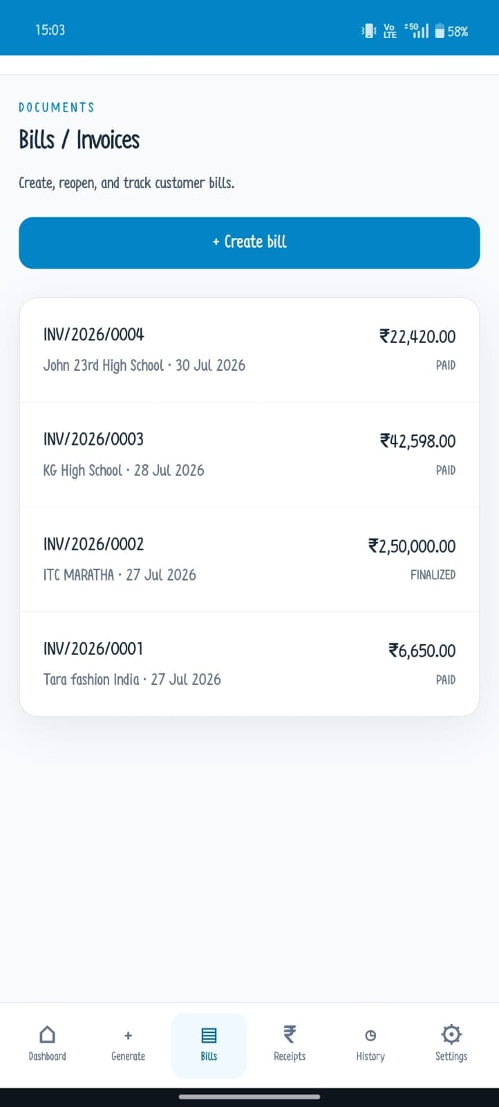 Bills & invoices in the mobile Quotation Generator