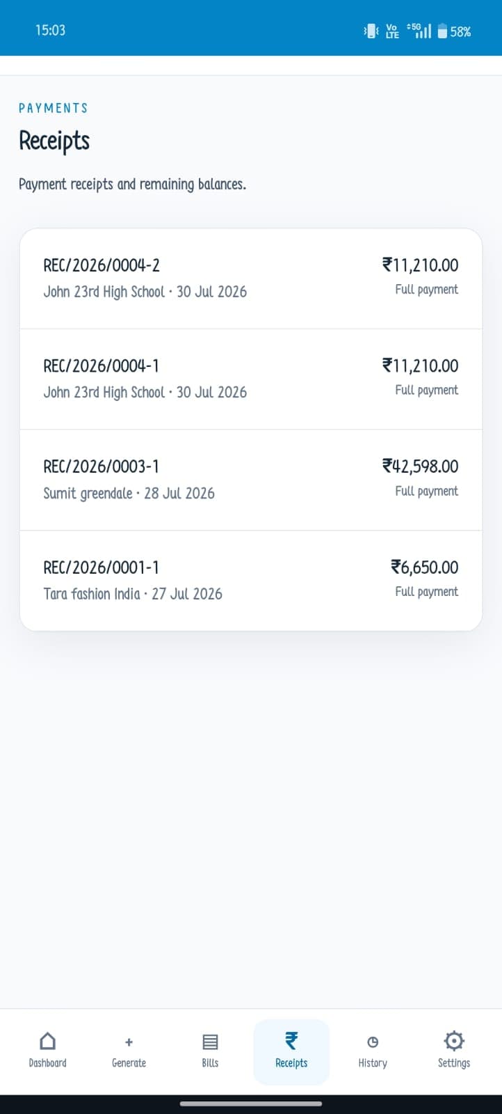 Payment receipts in the mobile Quotation Generator