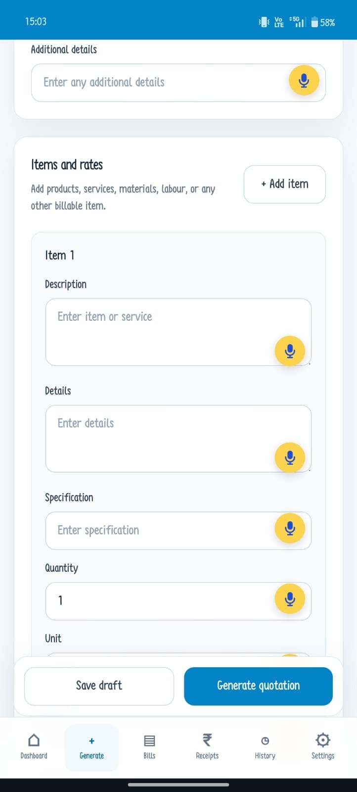 Voice input for quotation items, details and specifications