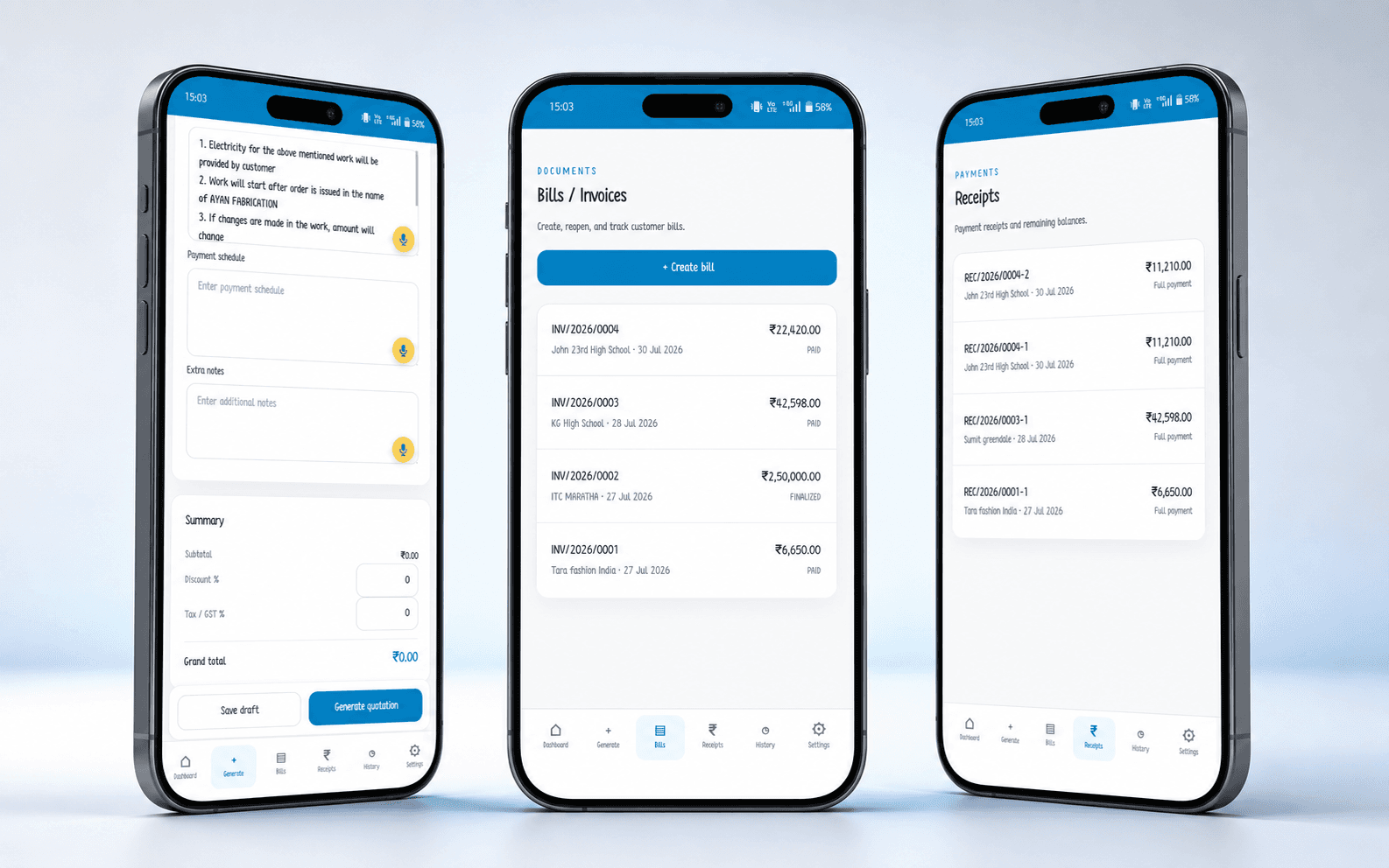 Quotation Generator showing quotations, invoices and receipts on mobile devices