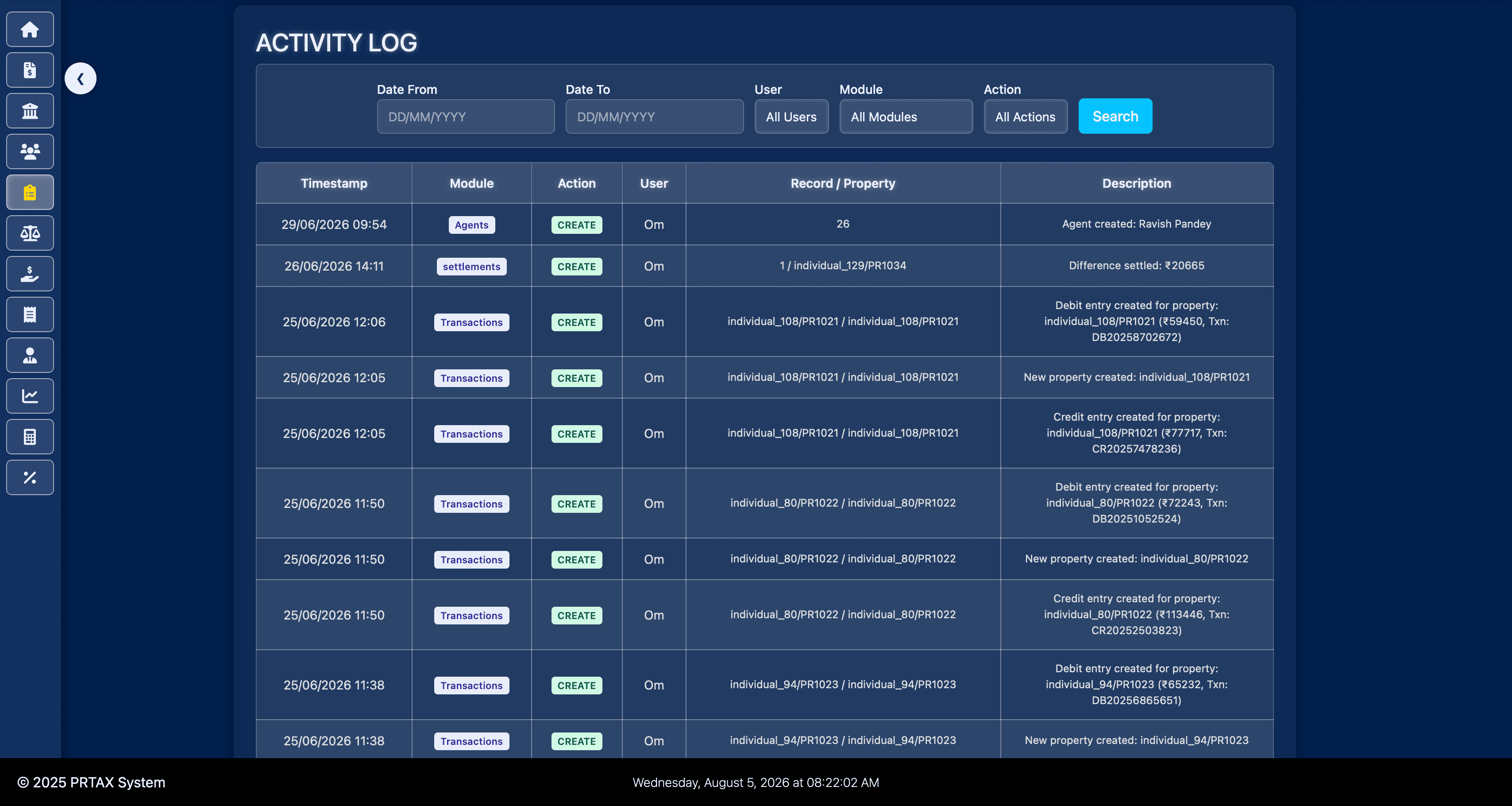 Complete activity log in Property Tax Management System