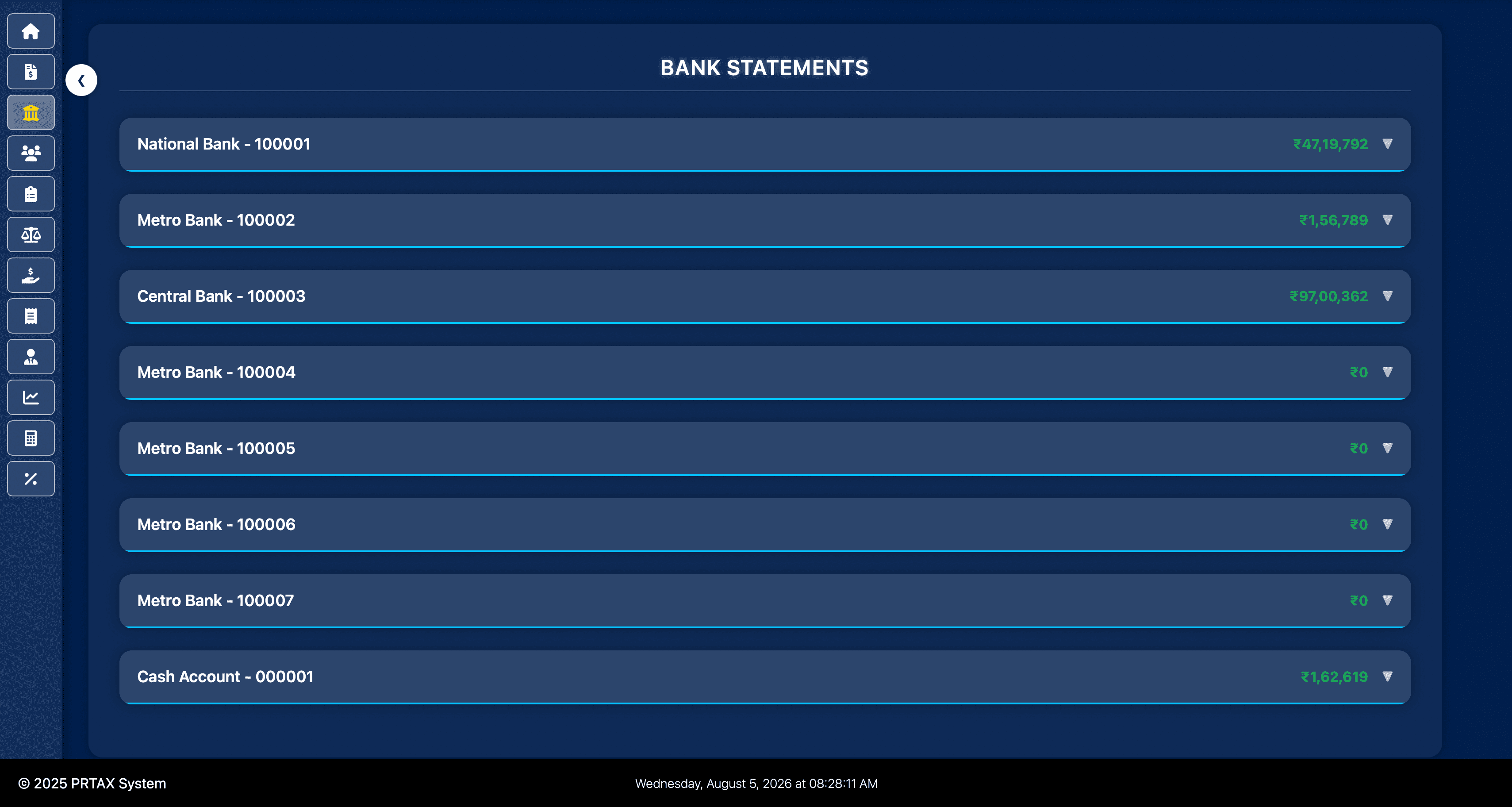 All bank accounts and balances in Property Tax Management System