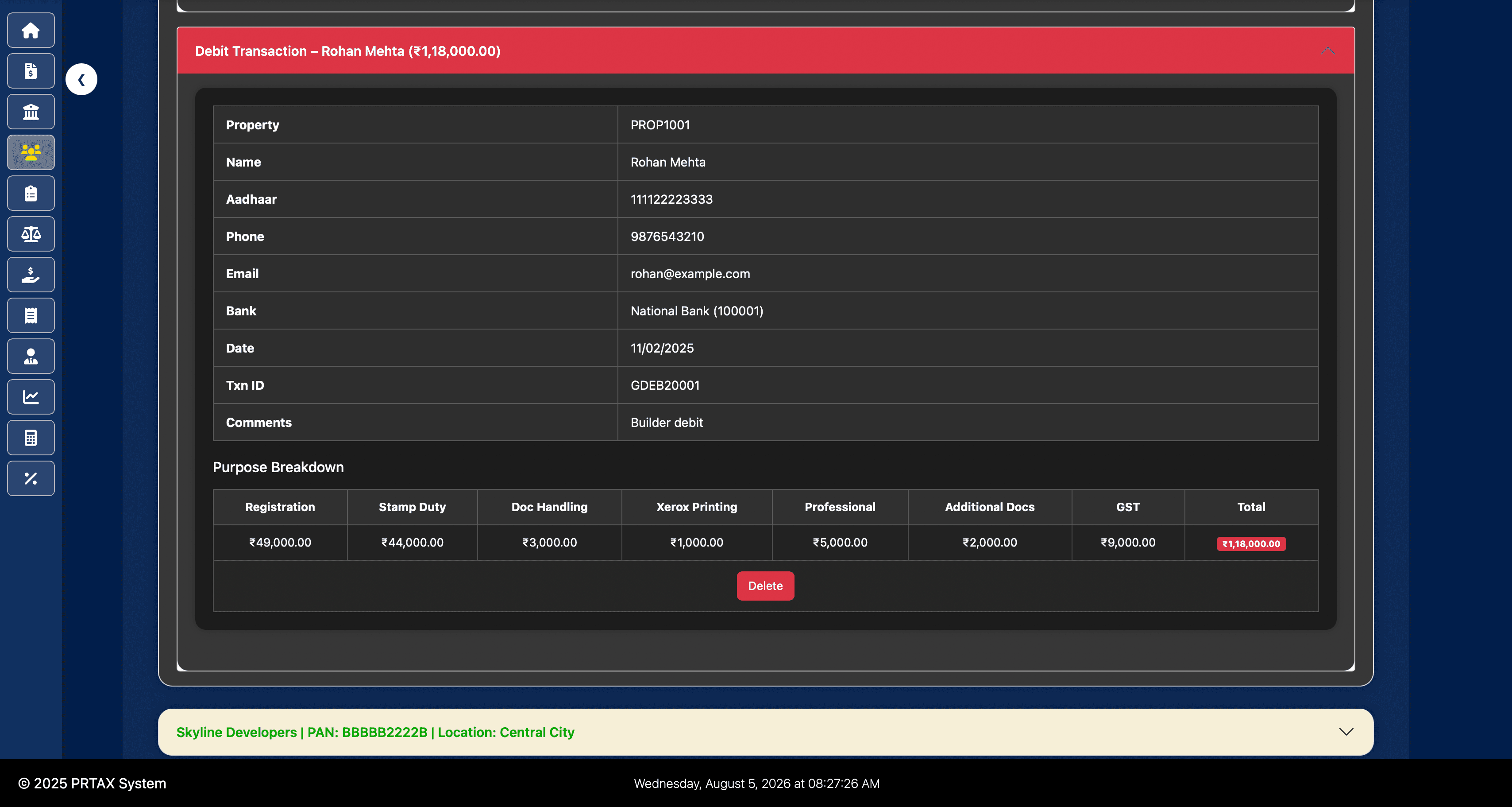 Itemized group debit transaction in Property Tax Management System