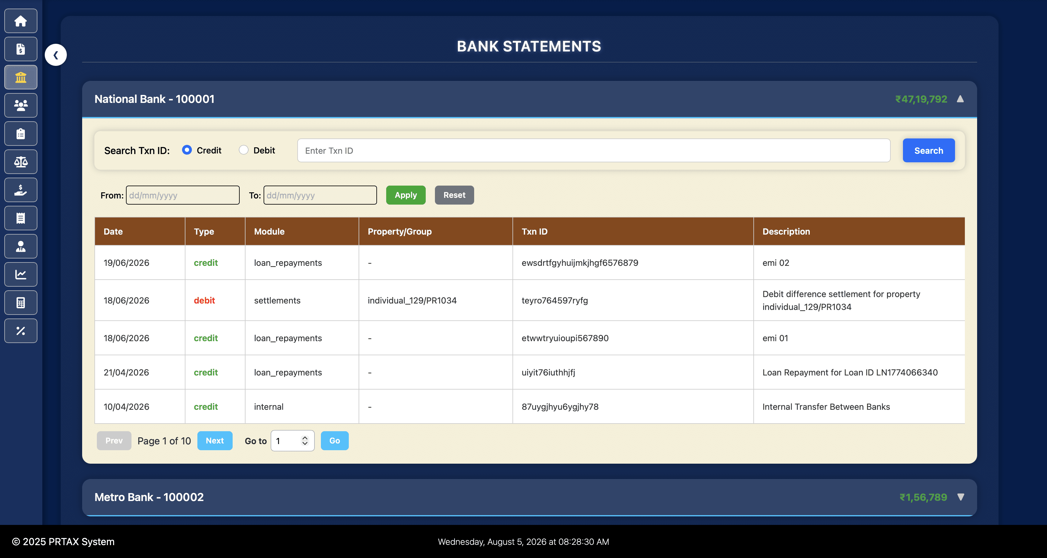 Searchable individual bank statement in Property Tax Management System