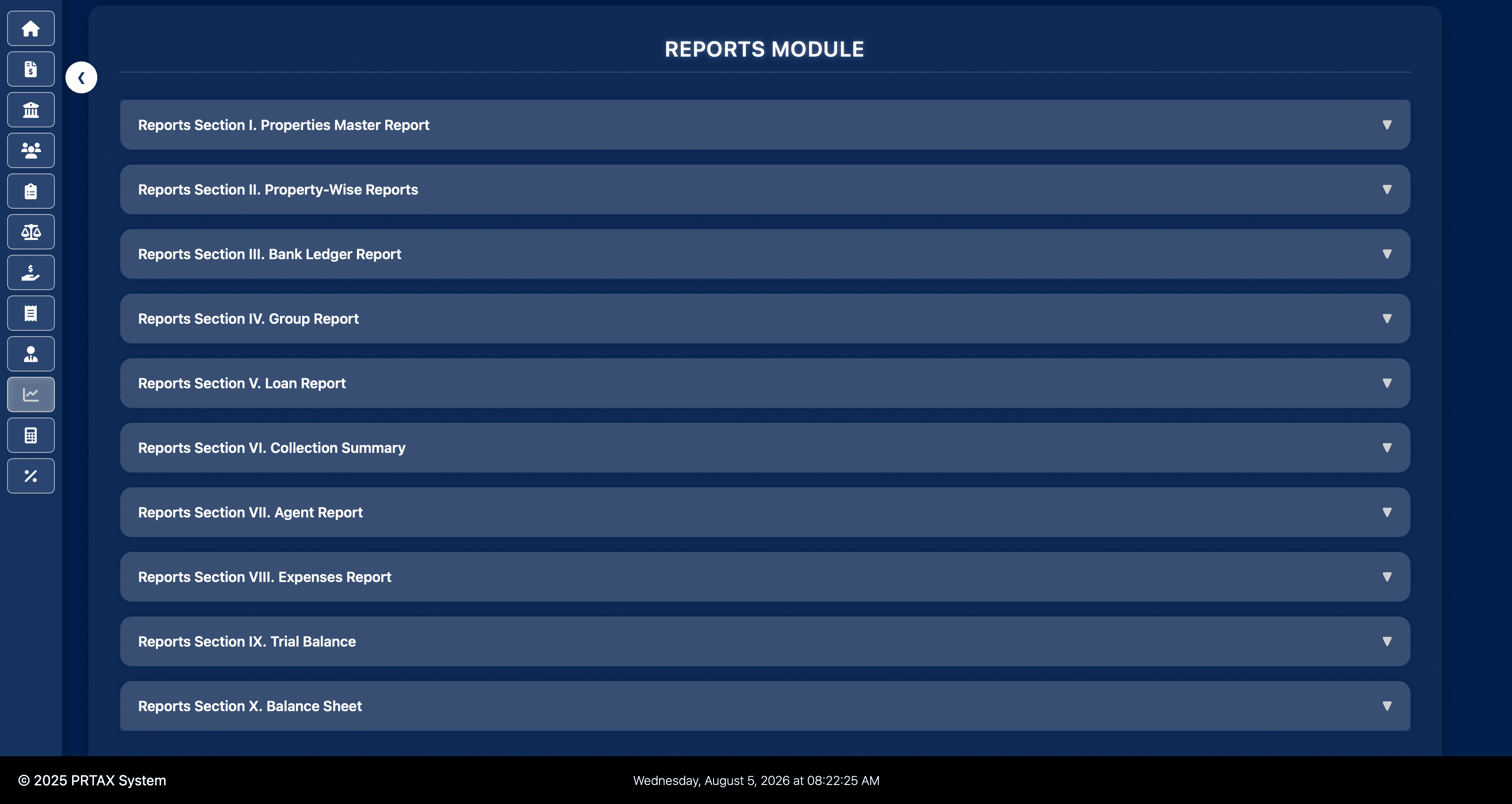 Ten connected report sections in Property Tax Management System